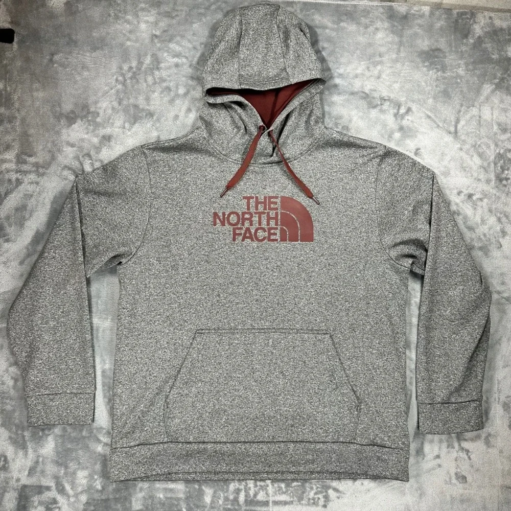 The North Face Mens XL Grey Heather Red Logo Fleece Pullover Hoodie A6S8 F14